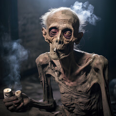 An emaciated man smokes and has lung disease, on background