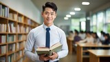 Fototapeta  - Asian male high school teacher teaches the white uniform students in the classroom Generative AI