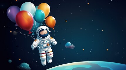 children's cartoon astronaut themed birthday greeting card illustration design. copy space text temp