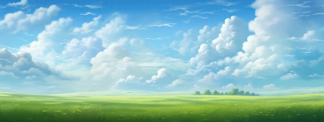 beautiful landscape with blue sky illustration, anime style blue sky with clouds landscape backgroun