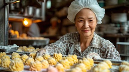 Wall Mural - A woman works on a line for the production of various sweet pastr