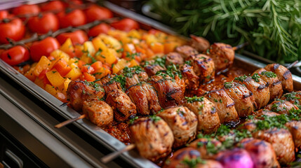 Wall Mural - Catering in the restaurant provides a buffet with grilled meat for a buffet at festive event