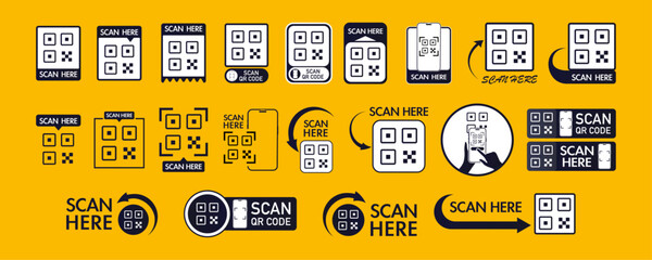 Set of QR code scan icon and sticker for mobile apps and payments. QR code scan for smartphone. Qr code for payment, mobile app and identification. Vector illustration.