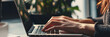 © sam - Business woman hands typing on laptop computer keyboard, surfing the internet at the office with copy space for web banner, Woman worker and business concept