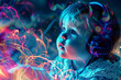 baby wearing headphones, enjoying music flow, feeling emotions in vibrant colour vibes, colourful dynamic sound waves and abstract digital light effects covering her hair
