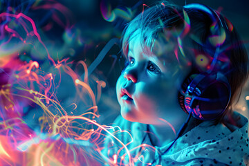 Wall Mural - baby wearing headphones, enjoying music flow, feeling emotions in vibrant colour vibes, colourful dynamic sound waves and abstract digital light effects covering her hair