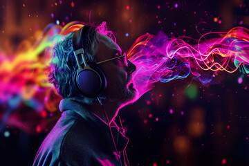 Wall Mural - senior man wearing headphones, enjoying music flow, feeling emotions in vibrant colour vibes, colourful dynamic sound waves and abstract digital light effects covering her hair