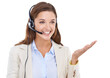 © Marius Venter/peopleimages.com - Customer service, business headset or happy woman with palm gesture for communication, telemarketing or sales pitch. Call center, mockup studio space and professional consultant on white background