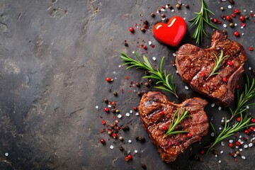 Wall Mural - grilled beef steak for valentines day pragma in black background