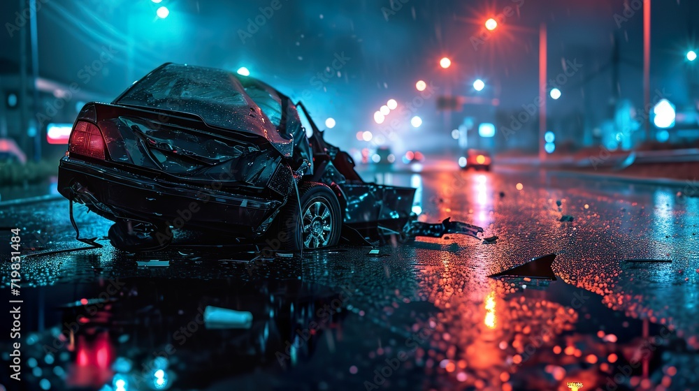 Nighttime Danger, Car Crash Accident on the Road