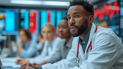 Wall Mural - group of doctors discussing something while sitting at the table in the hospital.