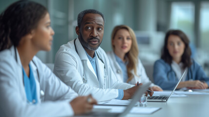 Wall Mural - Group of doctors discussing something while sitting at the table in the hospital.