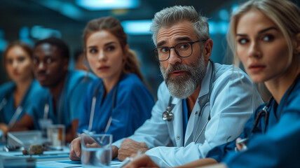 Wall Mural - group of doctors discussing something while sitting at the table in the hospital.