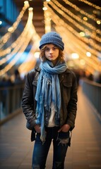 Poster - A stylish young woman in a hat and scarf at an indoor mall. Generative AI.