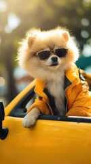  A stylish dog in sunglasses and a yellow jacket sits in a car, exuding coolness and adventure. Generative AI.