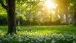 © Media Srock - A swing hanging from a tree in a park with flowers on the grass