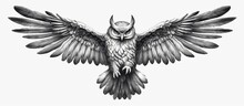 Swooping Great Horned Owl. Hand-drawn Illustration. Line Art.