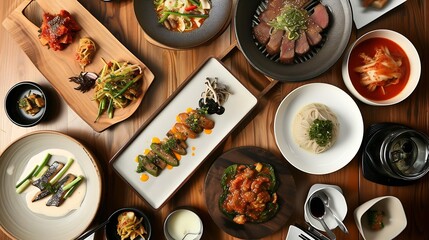 Korean foods served on a dining table. Perfect for photo illustration, article, or any cooking contents. : Generative AI