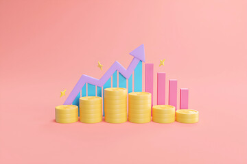 3D rendering illustration of a concept Business with finance and investment readily includes growing up with a pile of gold coins with graph arrow symbols.