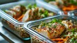 Healthy meal prep containers with quinoa, chicken and cole slaw : Generative AI