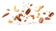 Flying cashew, almond, hazelnut, pecan and brazil nuts falling isolated on white background. Nut mix. Top view. Package design elements : Generative AI
