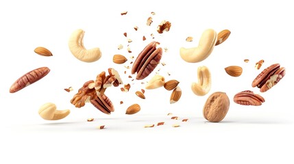 Wall Mural - Flying cashew, almond, hazelnut, pecan and brazil nuts falling isolated on white background. Nut mix. Top view. Package design elements : Generative AI