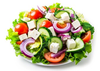 Wall Mural - Salad with cheese and fresh vegetables isolated on white background. Greek salad. : Generative AI