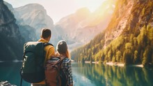 Travelers Couple Look At The Mountain Lake. Travel And Active Life Concept With Team. Adventure And Travel In The Mountains Region In The Austria : Generative AI