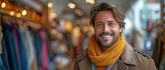 Content man at a mall, shopping with his girlfriend for clothes.