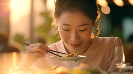 Asian woman eating a meal : Generative AI