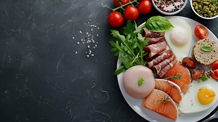 Wall Mural - Assortment of various healthy keto paleo meals on white plate. Black stone background. Top view. Isolated. Space for text. : Generative AI