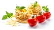© Generative AI - Traditional Italian linguini pasta with tomatoes and basil is isolated on a white background. A set of pasta with tomatoes in different angles. : Generative AI