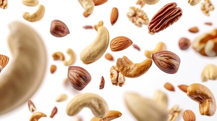 Poster - Flying cashew, almond, hazelnut, pecan and brazil nuts falling isolated on white background. Nut mix. Top view. Package design elements : Generative AI
