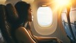 Asian woman sitting in a seat in airplane and looking out the window going on a trip vacation travel concept : Generative AI