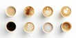 © Generative AI - Set of paper take away cups of different coffee latte or cappuccino isolated on white background, top view : Generative AI
