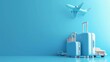 luggage or baggage and planes placed on passport for making advertising media about tourism and all object on blue background, vector 3d on blue background for travel and transport con : Generative AI