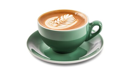Aufkleber - Side view of hot latte coffee with latte art in a ceramic green cup and saucer isolated on white background with clipping path inside. Image Stacking Techniques. : Generative AI