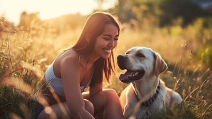 playful dog and its owner in nature outdoor , healthy lifestyle pragma