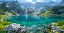 A Lake Aqua Blue Water With Waterfall, Green Mountains And A Valley A Beautiful Relaxing Landscape, Generative AI.