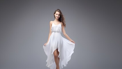 Wall Mural - Fashion-forward full-body portrait showcases beautiful woman in enchanting long white dress, smooth fabric, radiating sophistication on modern white gray setting. Generative AI.