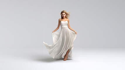 Wall Mural - Fashion-forward full-body portrait showcases beautiful woman in enchanting long white dress, smooth fabric, radiating sophistication on modern white gray setting. Generative AI.