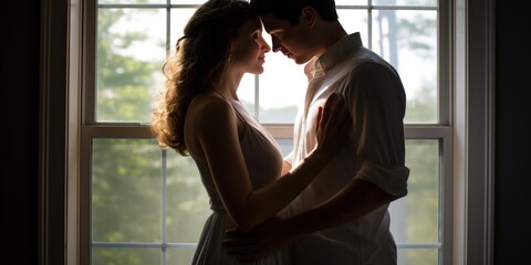 Loving couple, a man and a woman, stand together with their foreheads gently touching. They share a quiet moment of connection by a window, capturing the essence of their affection