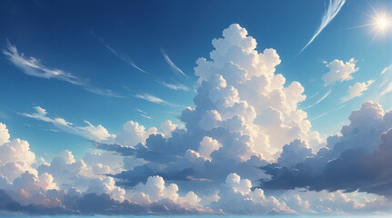 Wall Mural - The view of the bright blue sky with clouds and the shining sun is very beautiful. Bright sky background