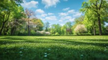 Beautiful Blurred Background Image Of Spring Nature With A Neatly Trimmed Lawn Surrounded By Trees Against A Blue Sky With Clouds On A Bright Sunny Day. Copy Space - Generative Ai
