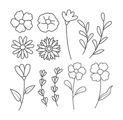 Wall Mural - Spring flowers doodle in hand drawn style. Floral and leaves elements collection.