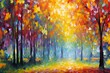 Autumn forest with trees in the colors of the rainbow,  Digital painting