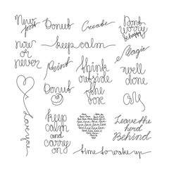 Poster - Different calligraphy text small tattoo, inspirational lettering set, inscription, continuous line drawing, print for clothes, t-shirt, emblem or logo design, handwritten inscription, isolated vector.