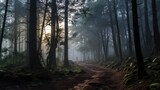 Fototapeta Krajobraz - Amidst the trees, the mystical forest is cloaked in a mystical mist, evoking a sense of wonder and magic.