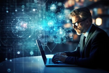 Wall Mural - businessman working on laptop computer with ai analyzing big data