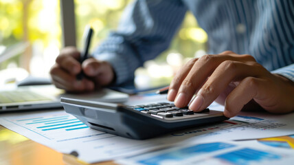 Wall Mural - businesswoman working on desk office with using a calculator to calculate the numbers, finance accounting concept